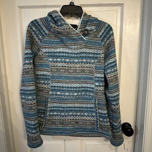 Koppen‎ Women's Blue Nordic Print Knit Fleece Hoodie Size Medium Kangaroo Pocket
